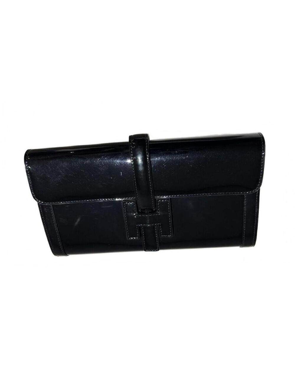 New Black Patent Genuine Leather Clutch Purse With 'H' Design Front